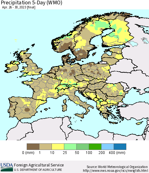 Europe Precipitation 5-Day (WMO) Thematic Map For 4/26/2023 - 4/30/2023