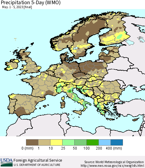 Europe Precipitation 5-Day (WMO) Thematic Map For 5/1/2023 - 5/5/2023