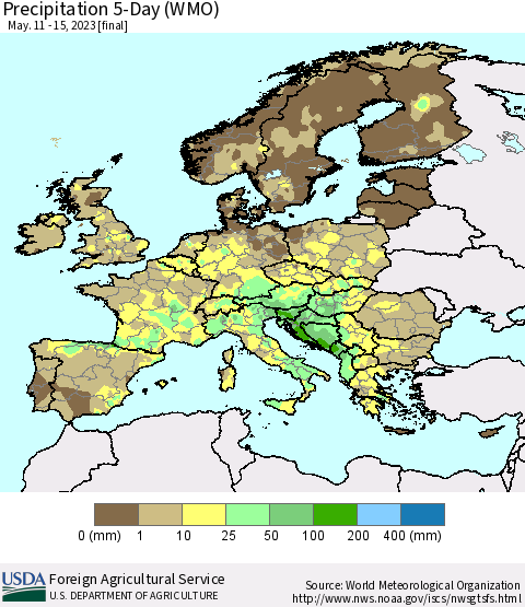 Europe Precipitation 5-Day (WMO) Thematic Map For 5/11/2023 - 5/15/2023