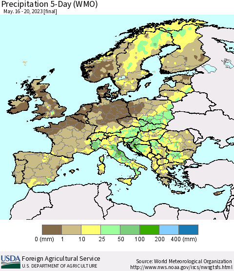 Europe Precipitation 5-Day (WMO) Thematic Map For 5/16/2023 - 5/20/2023