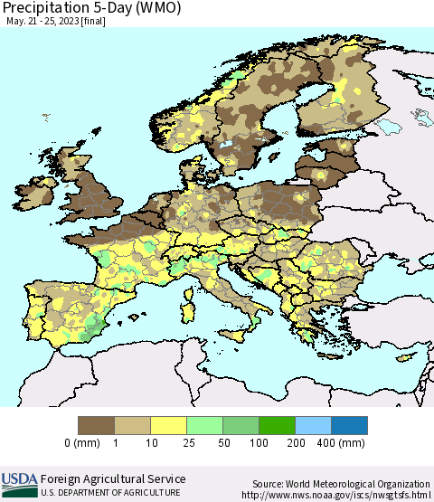 Europe Precipitation 5-Day (WMO) Thematic Map For 5/21/2023 - 5/25/2023