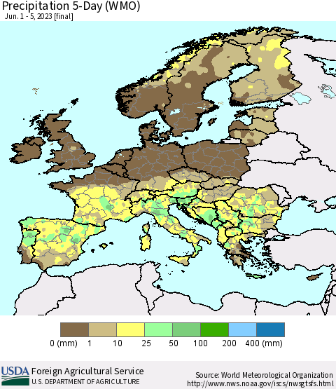 Europe Precipitation 5-Day (WMO) Thematic Map For 6/1/2023 - 6/5/2023
