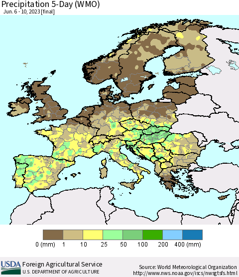 Europe Precipitation 5-Day (WMO) Thematic Map For 6/6/2023 - 6/10/2023