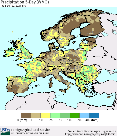 Europe Precipitation 5-Day (WMO) Thematic Map For 6/16/2023 - 6/20/2023