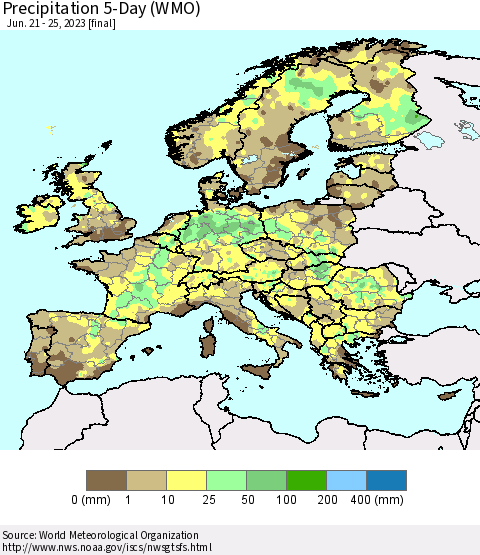 Europe Precipitation 5-Day (WMO) Thematic Map For 6/21/2023 - 6/25/2023