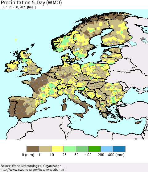 Europe Precipitation 5-Day (WMO) Thematic Map For 6/26/2023 - 6/30/2023