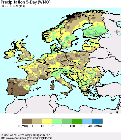 Europe Precipitation 5-Day (WMO) Thematic Map For 7/1/2023 - 7/5/2023