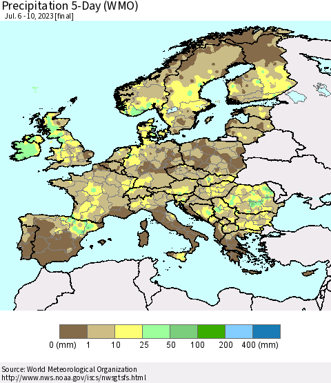 Europe Precipitation 5-Day (WMO) Thematic Map For 7/6/2023 - 7/10/2023