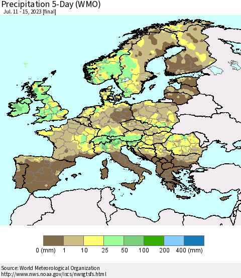 Europe Precipitation 5-Day (WMO) Thematic Map For 7/11/2023 - 7/15/2023
