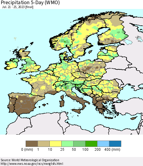 Europe Precipitation 5-Day (WMO) Thematic Map For 7/21/2023 - 7/25/2023