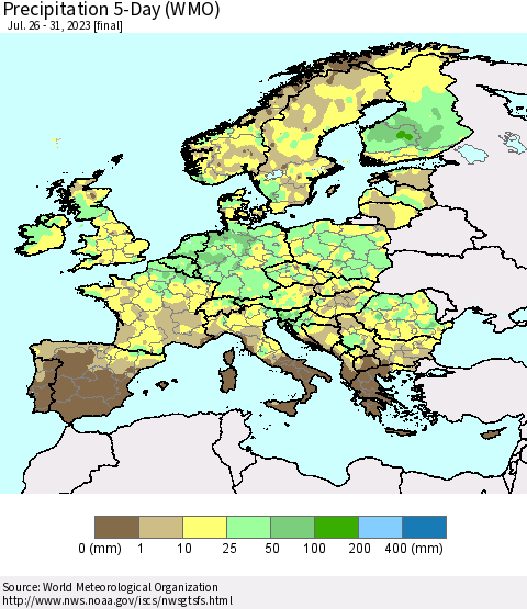 Europe Precipitation 5-Day (WMO) Thematic Map For 7/26/2023 - 7/31/2023