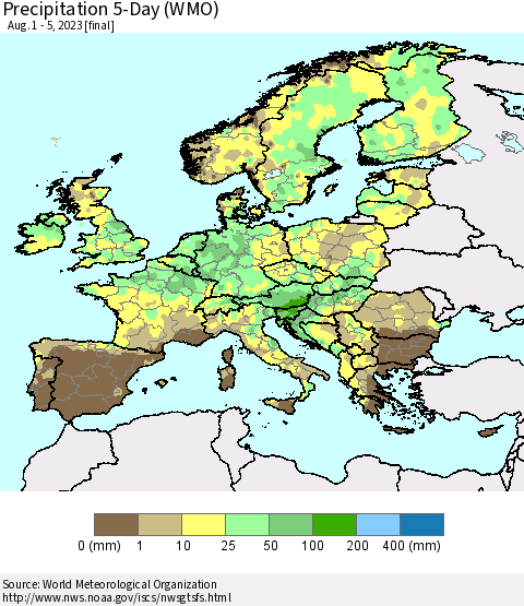 Europe Precipitation 5-Day (WMO) Thematic Map For 8/1/2023 - 8/5/2023