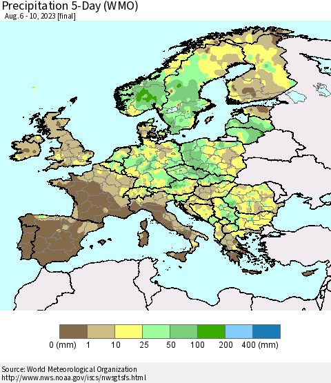 Europe Precipitation 5-Day (WMO) Thematic Map For 8/6/2023 - 8/10/2023