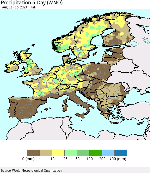 Europe Precipitation 5-Day (WMO) Thematic Map For 8/11/2023 - 8/15/2023