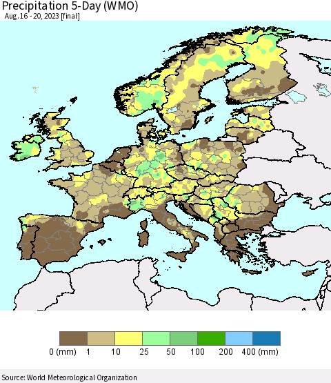 Europe Precipitation 5-Day (WMO) Thematic Map For 8/16/2023 - 8/20/2023