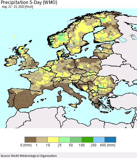 Europe Precipitation 5-Day (WMO) Thematic Map For 8/21/2023 - 8/25/2023