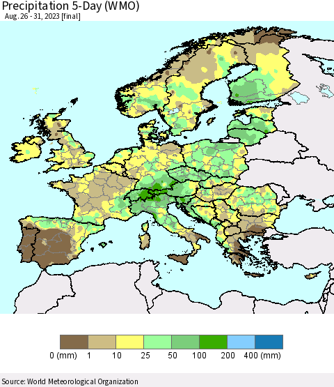 Europe Precipitation 5-Day (WMO) Thematic Map For 8/26/2023 - 8/31/2023