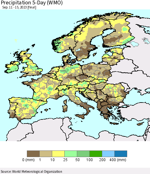 Europe Precipitation 5-Day (WMO) Thematic Map For 9/11/2023 - 9/15/2023