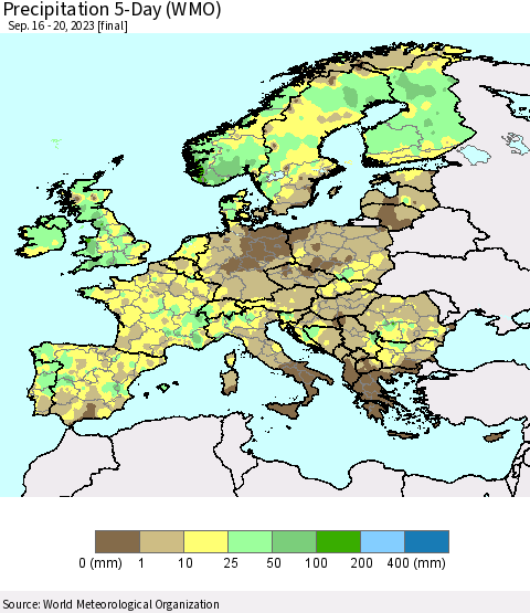 Europe Precipitation 5-Day (WMO) Thematic Map For 9/16/2023 - 9/20/2023