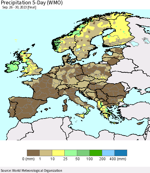 Europe Precipitation 5-Day (WMO) Thematic Map For 9/26/2023 - 9/30/2023