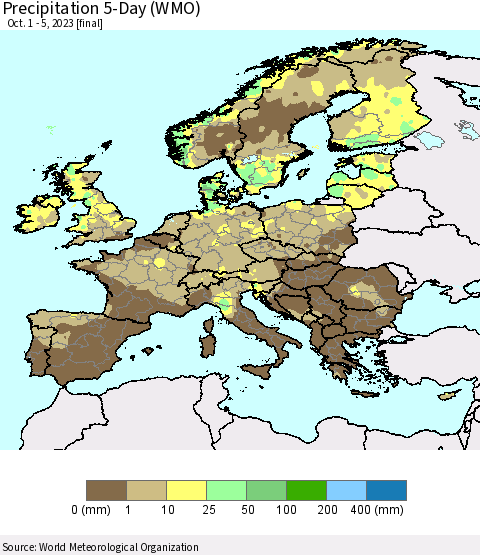 Europe Precipitation 5-Day (WMO) Thematic Map For 10/1/2023 - 10/5/2023