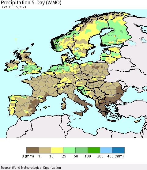 Europe Precipitation 5-Day (WMO) Thematic Map For 10/11/2023 - 10/15/2023