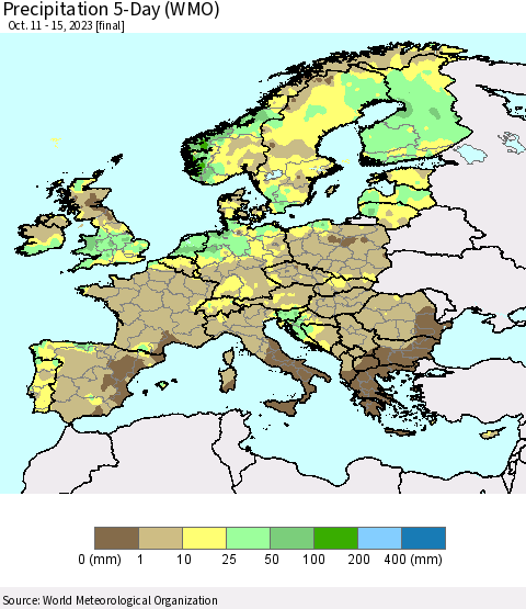 Europe Precipitation 5-Day (WMO) Thematic Map For 10/11/2023 - 10/15/2023