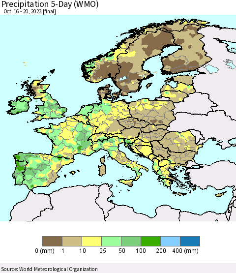 Europe Precipitation 5-Day (WMO) Thematic Map For 10/16/2023 - 10/20/2023