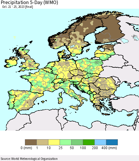 Europe Precipitation 5-Day (WMO) Thematic Map For 10/21/2023 - 10/25/2023