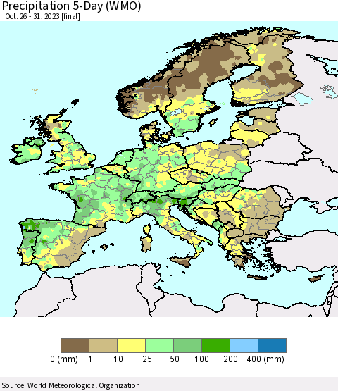 Europe Precipitation 5-Day (WMO) Thematic Map For 10/26/2023 - 10/31/2023