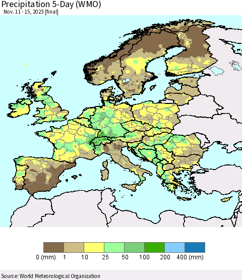 Europe Precipitation 5-Day (WMO) Thematic Map For 11/11/2023 - 11/15/2023
