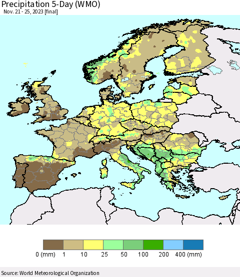 Europe Precipitation 5-Day (WMO) Thematic Map For 11/21/2023 - 11/25/2023