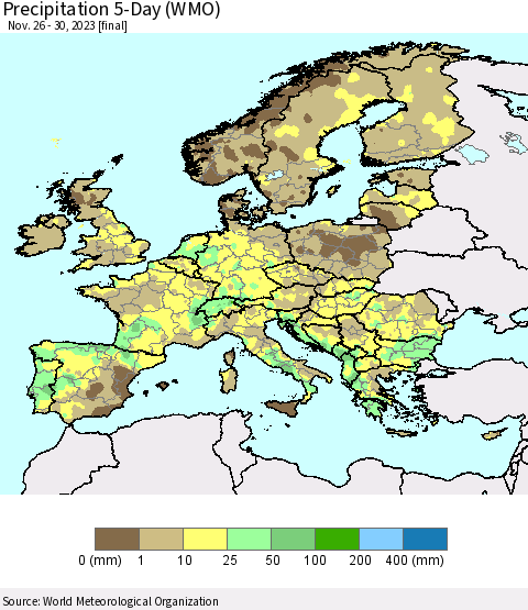 Europe Precipitation 5-Day (WMO) Thematic Map For 11/26/2023 - 11/30/2023