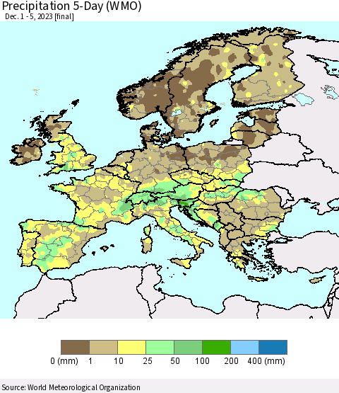Europe Precipitation 5-Day (WMO) Thematic Map For 12/1/2023 - 12/5/2023