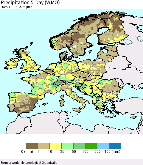 Europe Precipitation 5-Day (WMO) Thematic Map For 12/11/2023 - 12/15/2023