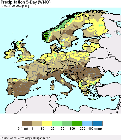Europe Precipitation 5-Day (WMO) Thematic Map For 12/16/2023 - 12/20/2023