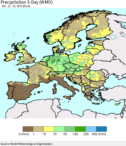 Europe Precipitation 5-Day (WMO) Thematic Map For 12/21/2023 - 12/25/2023