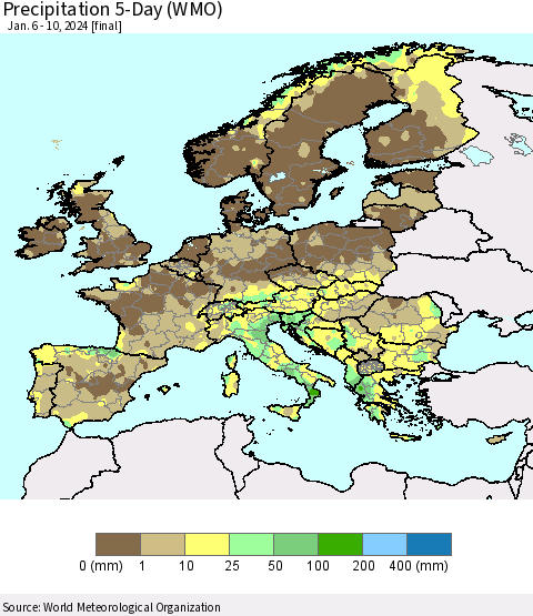 Europe Precipitation 5-Day (WMO) Thematic Map For 1/6/2024 - 1/10/2024