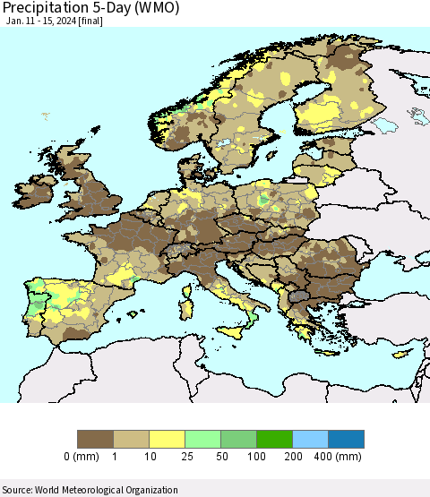 Europe Precipitation 5-Day (WMO) Thematic Map For 1/11/2024 - 1/15/2024