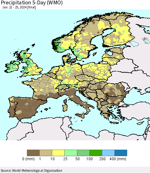 Europe Precipitation 5-Day (WMO) Thematic Map For 1/21/2024 - 1/25/2024