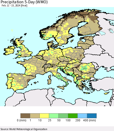 Europe Precipitation 5-Day (WMO) Thematic Map For 2/11/2024 - 2/15/2024
