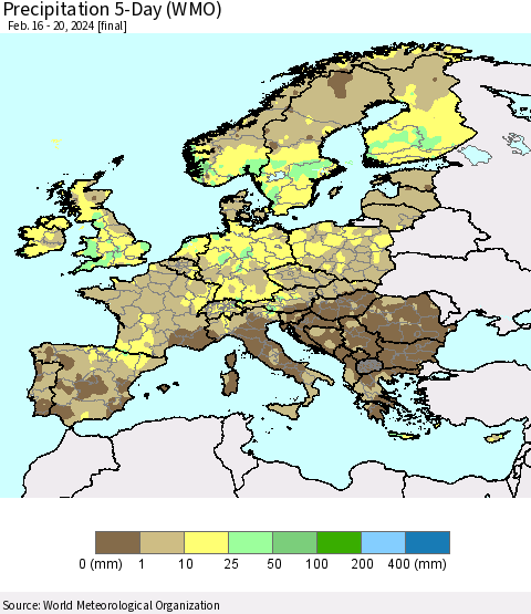 Europe Precipitation 5-Day (WMO) Thematic Map For 2/16/2024 - 2/20/2024