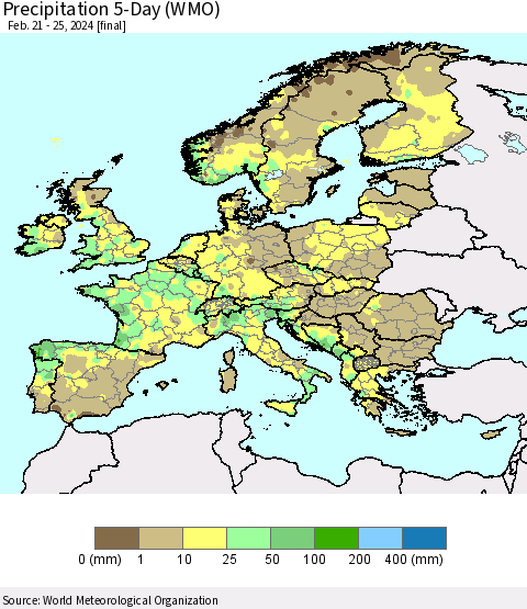 Europe Precipitation 5-Day (WMO) Thematic Map For 2/21/2024 - 2/25/2024
