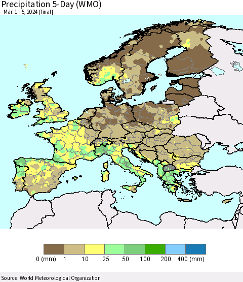 Europe Precipitation 5-Day (WMO) Thematic Map For 3/1/2024 - 3/5/2024