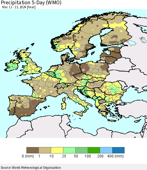 Europe Precipitation 5-Day (WMO) Thematic Map For 3/11/2024 - 3/15/2024