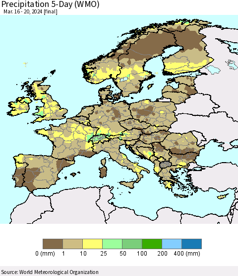 Europe Precipitation 5-Day (WMO) Thematic Map For 3/16/2024 - 3/20/2024