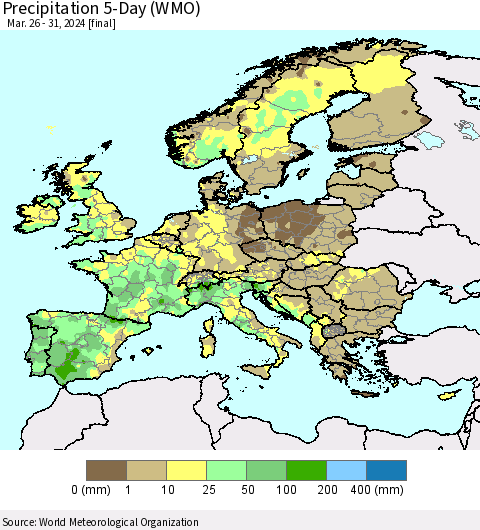 Europe Precipitation 5-Day (WMO) Thematic Map For 3/26/2024 - 3/31/2024