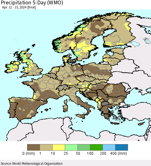 Europe Precipitation 5-Day (WMO) Thematic Map For 4/11/2024 - 4/15/2024