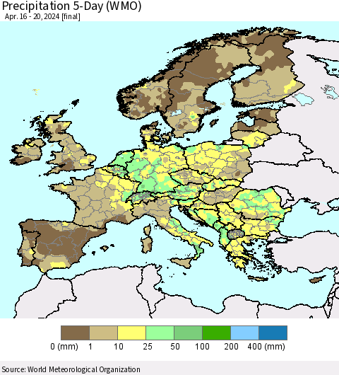 Europe Precipitation 5-Day (WMO) Thematic Map For 4/16/2024 - 4/20/2024