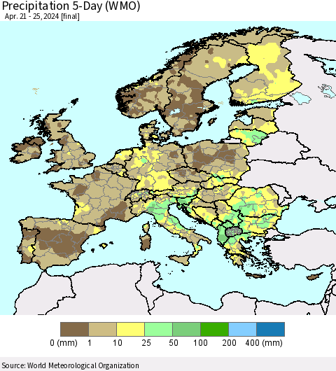 Europe Precipitation 5-Day (WMO) Thematic Map For 4/21/2024 - 4/25/2024